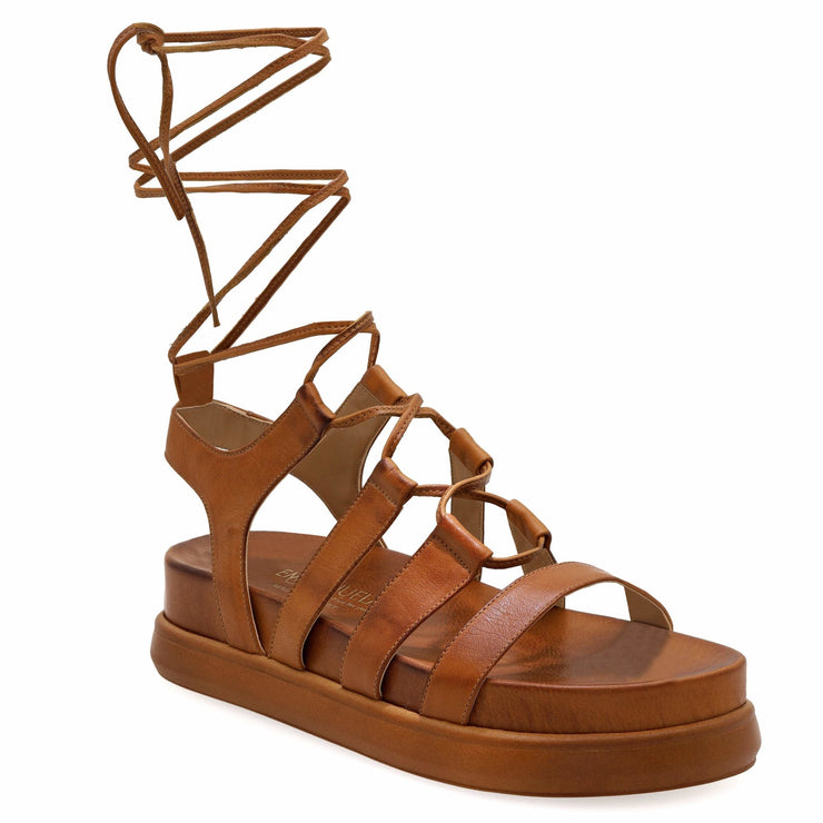 Emmanuela - handcrafted for you® Platform Sandalen zum Binden mit Fußgewölbestütze "Kithira" aus Braun leder