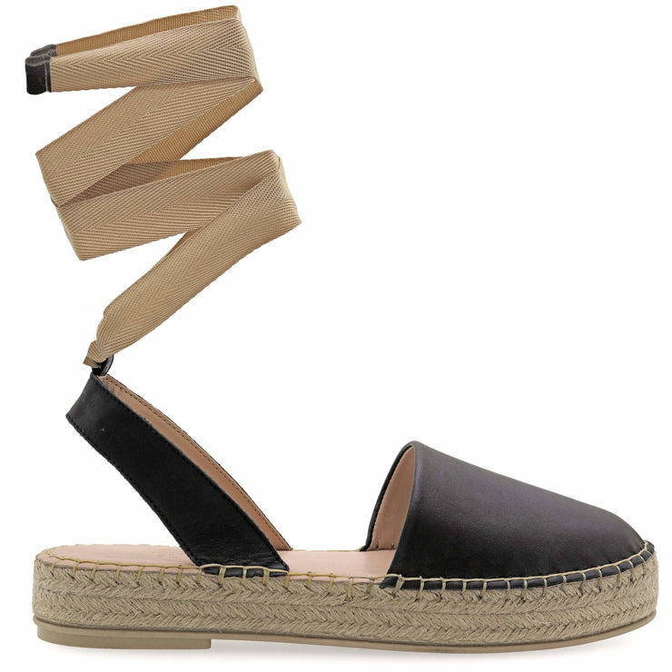 Emmanuela - handcrafted for you® Flatform-Leder-Espadrilles zum Schnüren aus Schwarze leder
